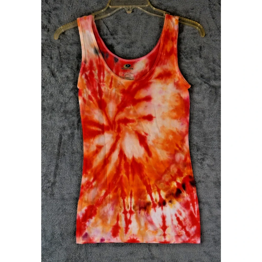 Mossy Oak Tank Top Small Spiral Tie‑Dye Red Orange Artisan Hand Dyed Cotton - Picture 1 of 7